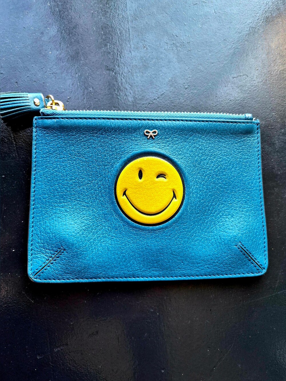 Anya Hindmarch Blue Winky Smiley Pouch with Leather Tassel And Gold Hardware